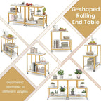 Giantex 3-Tier Side Table with Wheels, G-Shaped Mobile End Table with Open Shelves & Metal Frame, Rolling Sofa Couch Table for Living Room Bedroom Office, White & Gold