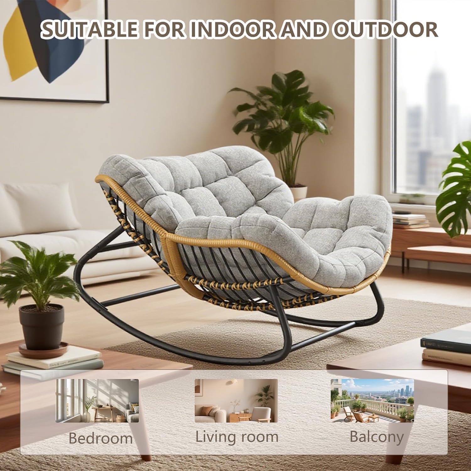 Papasan Rocking Chair with Comfy Thick Cushion, Oversized Outdoor Rocking Chair with Steel Frame, Wicker Rattan Lounge Rocker, Indoor Outdoor Egg Chair for Patio, Balcony, Living Room, Gray