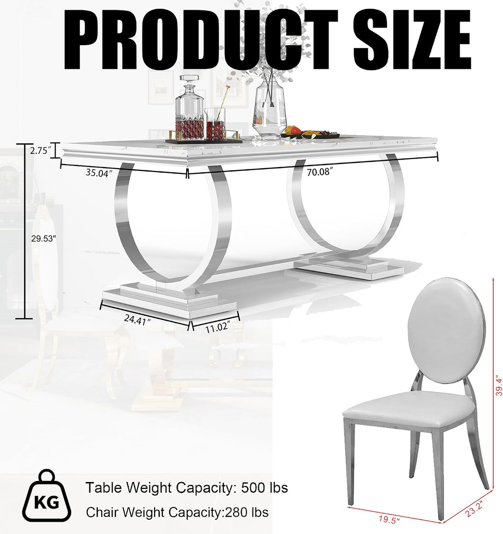 Luxury Marble Dining Table Set for 6 People, 70" Double O-Shaped Faux Marble Kitchen Table with 6 Round PU Leather Chairs, for Kitchen, Dining Room (1 White Table + 6 White Chairs)