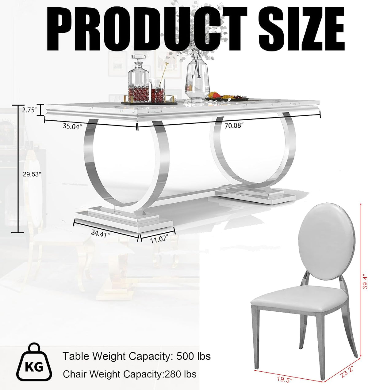 Luxury Marble Dining Table Set for 6 People, 70" Double O-Shaped Faux Marble Kitchen Table with 6 Round PU Leather Chairs, for Kitchen, Dining Room (1 White Table + 6 White Chairs)