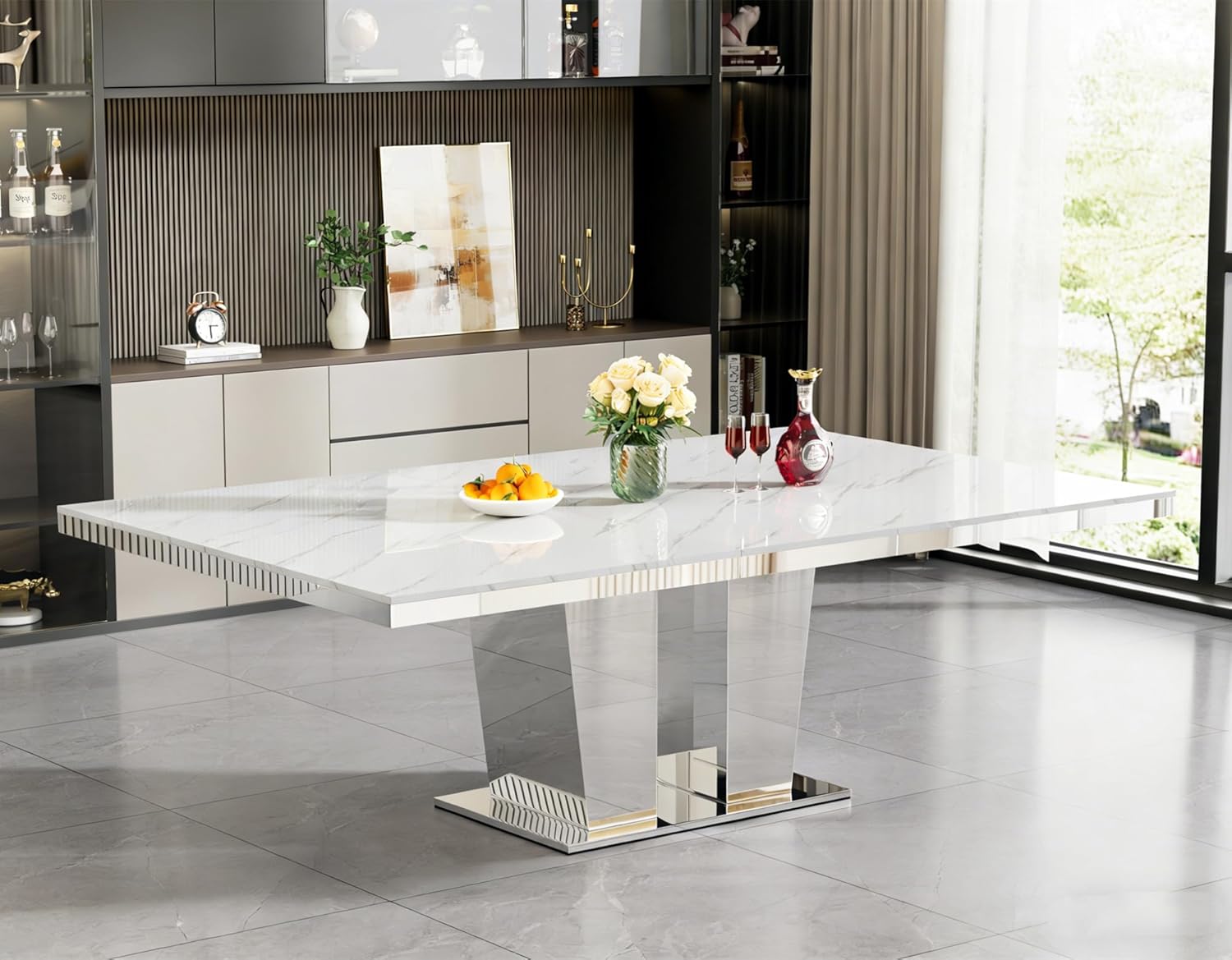63"-94" Modern Extendable Dining Room Table for 6 8 10, Large White Faux Marble Expandable Kitchen Table with Mirrored Columnar Pedestal Base for Home Kitchen Dining Room Family Gathering