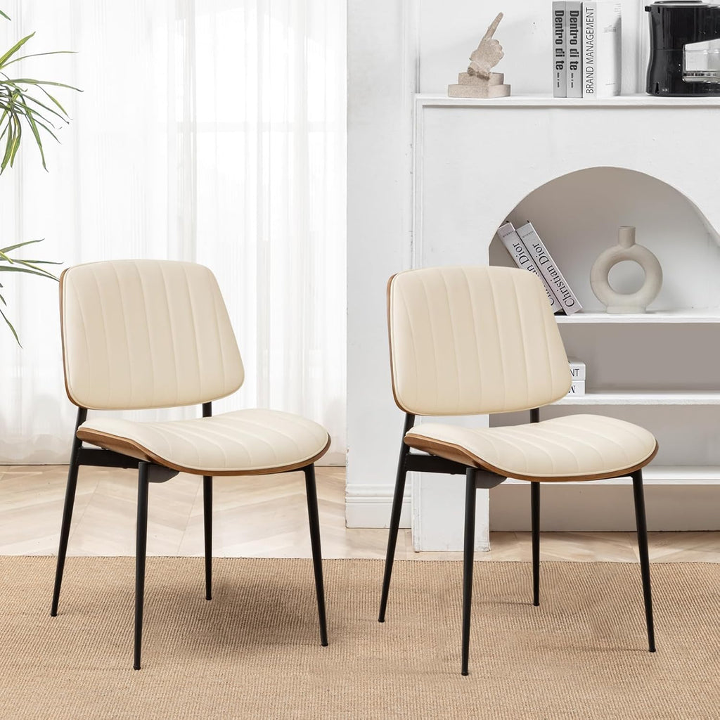 LUNLING Dining Room Chairs Mid Century Modern Retro Beige Faux Leather Chair with Walnut Bentwood Upholstered Seat Metal Legs Kitchen Chairs Adjustable Foot for Kitchen Dining Room,1PCS