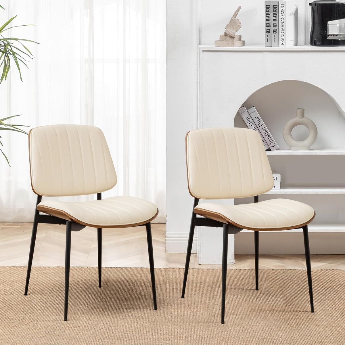 LUNLING Dining Room Chairs Mid Century Modern Retro Beige Faux Leather Chair with Walnut Bentwood Upholstered Seat Metal Legs Kitchen Chairs Adjustable Foot for Kitchen Dining Room,1PCS