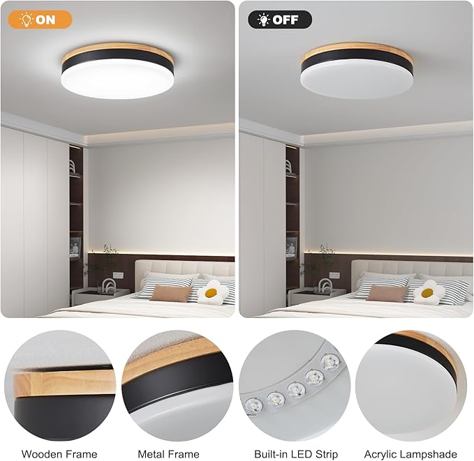 Modern Wood Led Ceiling Lights with Remote, Dimmable 11.8in Black Flush Mount Ceiling Light, 24W 3000K-6000K Light Color Adjustable, 2200LM Round Ceiling Lamp for Bedroom, Kitchen, Hallway