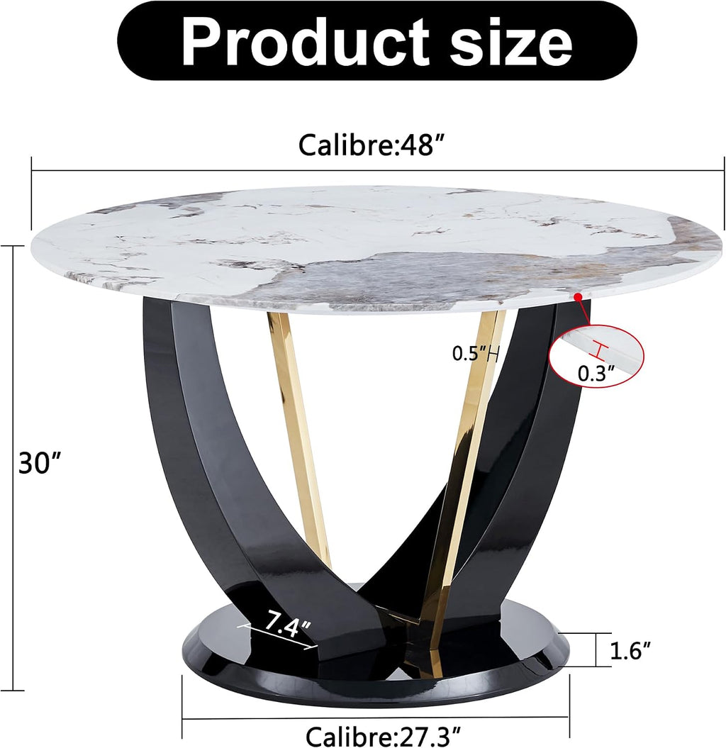 JUFU 48 Inch Round Dining Table for 4 to 6, Faux Marble Look, Modern Circle Kitchen Furniture with Stable Pedestal Base for Apartment, Dining Room, Living Room, Restaurant