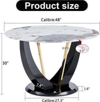 48 Inch Round Dining Table for 4-6, Modern Circle Dining Table with Black & Gold Metal Pedestal Base, Faux Marble Round Kitchen Table, 300 LBS Capacity