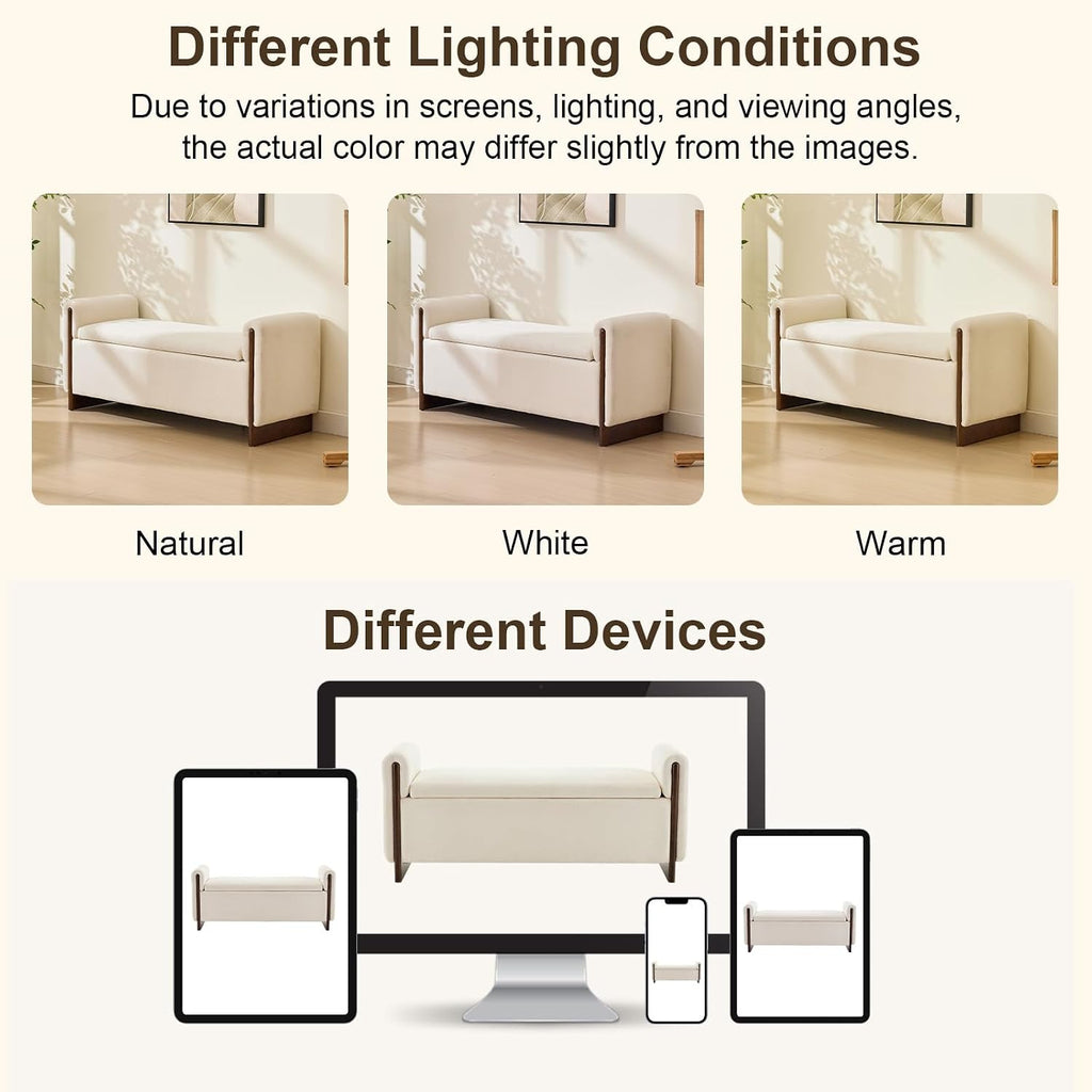 50.8 inch Storage Ottoman Bench with Armrests, Hidden Storage, Beige | End of Bed Bench, Bedroom Storage Bench , Chenille Upholstery, Solid Wood Legs, Entryway Bench, Living Room, Bedroom, Hallway
