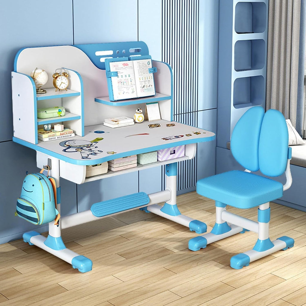 Kids Functional Desk and Chair Set, Ergonomic Height Adjustable Children School Study Desk with Storage, Book Stand, Metal Hook and Drawer for Boys Girls (Blue)