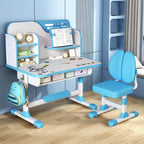 Kids Functional Desk and Chair Set, Ergonomic Height Adjustable Children School Study Desk with Storage, Book Stand, Metal Hook and Drawer for Boys Girls (Blue)