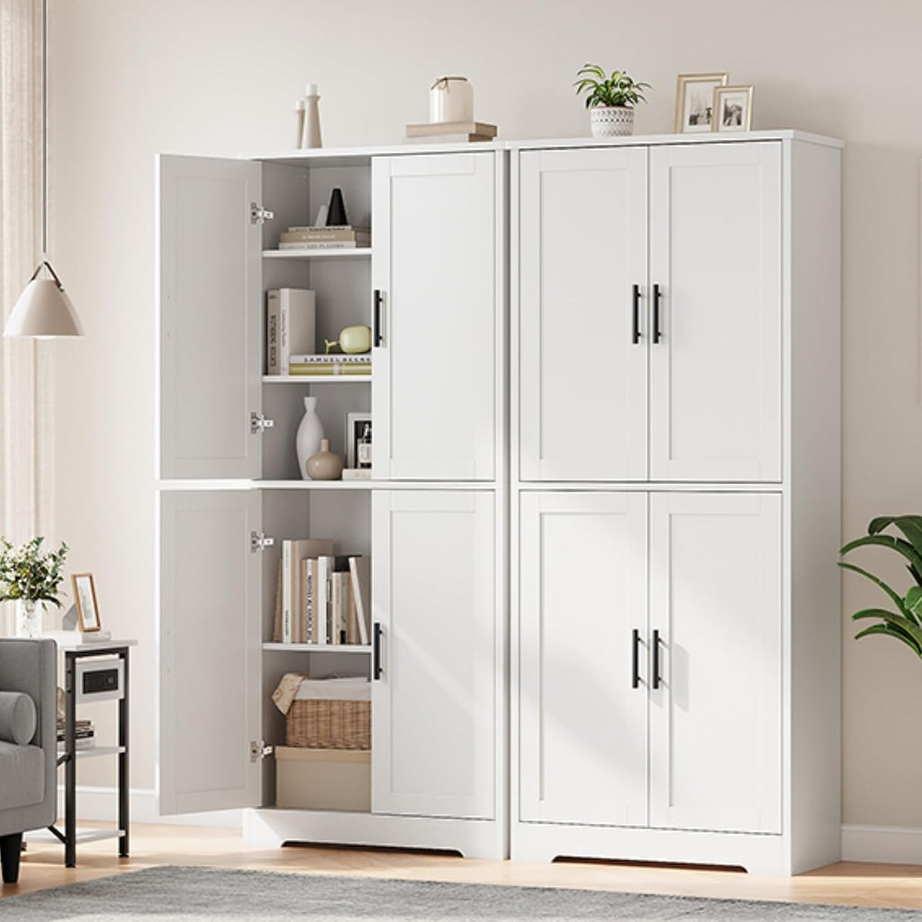 IDEALHOUSE Pantry Cabinet,70" Tall Kitchen Pantry Cabinet with 4 Doors and 3 Adjustable Shelves, Freestanding Cupboard, Modern Storage Cabinet for Bathroom, Dining Room, Living Room (White)