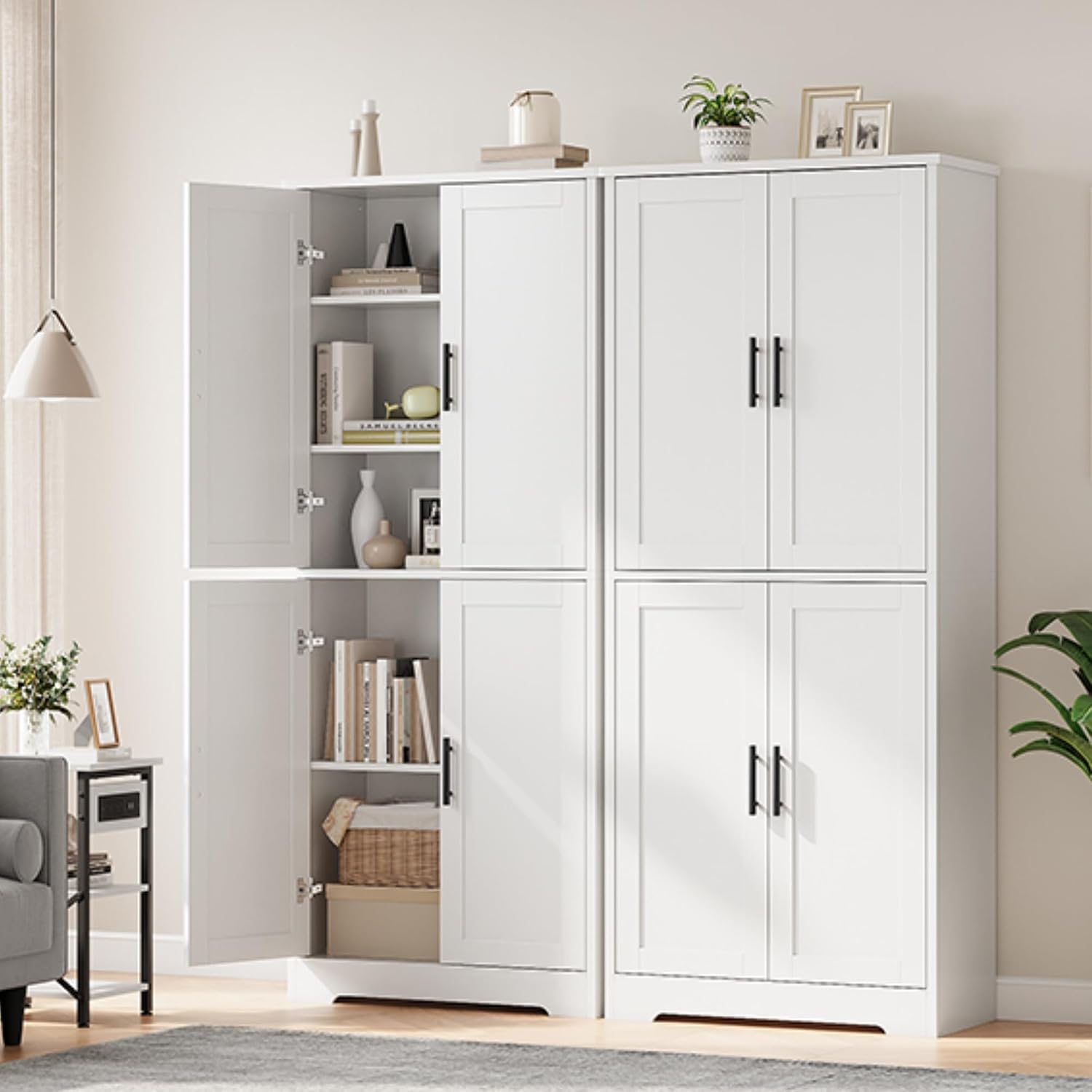 IDEALHOUSE Pantry Cabinet,70" Tall Kitchen Pantry Cabinet with 4 Doors and 3 Adjustable Shelves, Freestanding Cupboard, Modern Storage Cabinet for Bathroom, Dining Room, Living Room (White)
