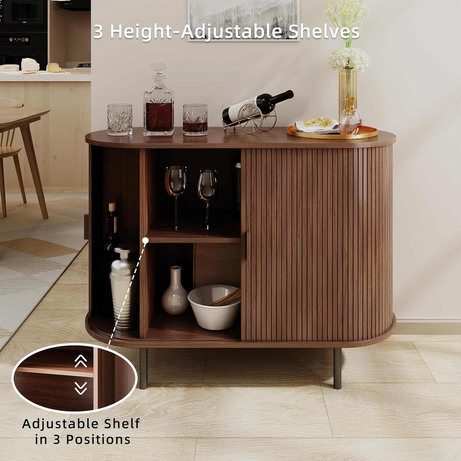 Buffet Sideboard Cabinet with Fluted Sliding Door, 40" Storage Console Table with Adjustable Shelf for Kitchen, Entryway, or Living Room, Modern Accent Coffee Bar, Walnut