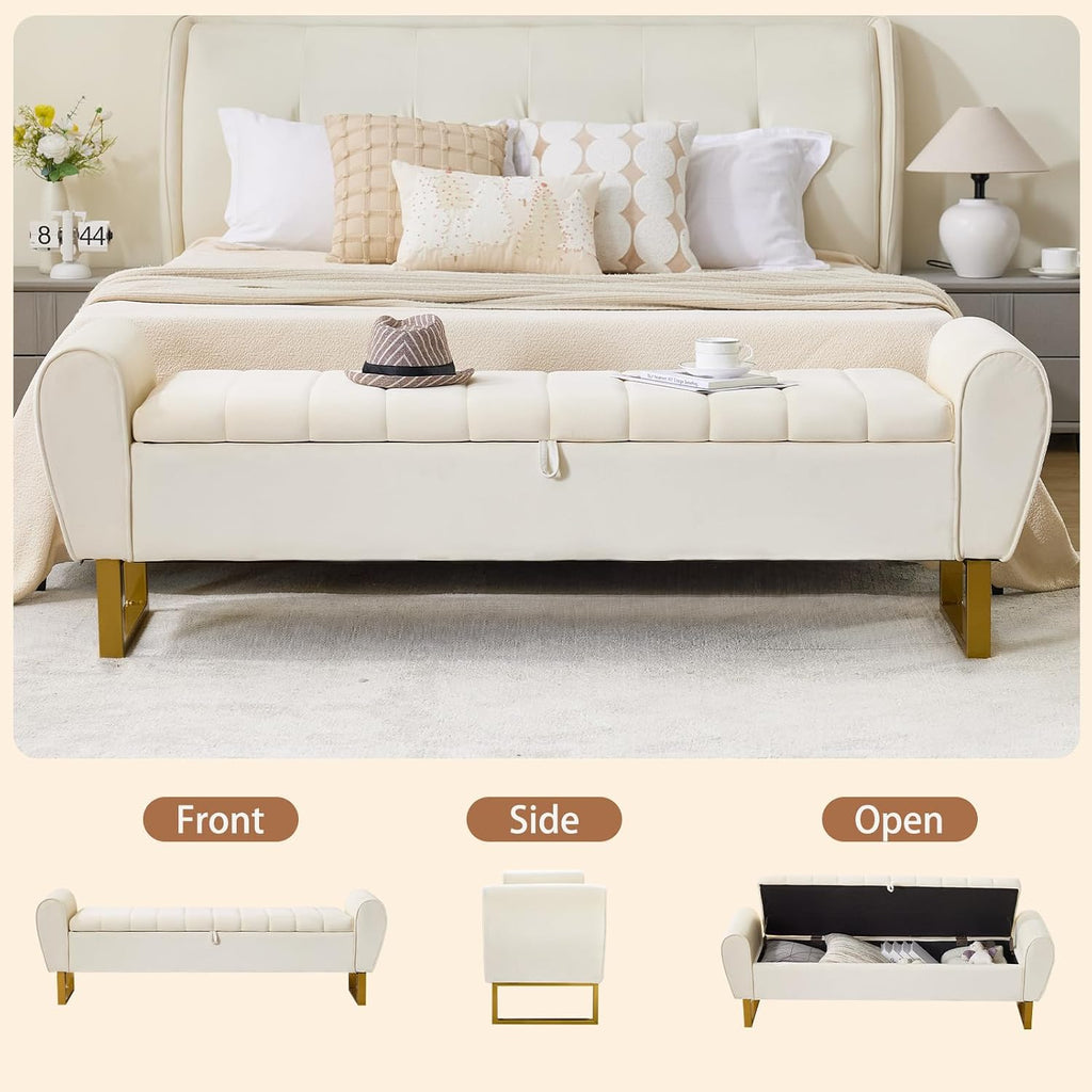 67'' King Size End of Bed Storage Bench for Bedroom, Bedroom Benches for Foot of Bed King with Gold Legs, Storage Ottoman Bench with Storage for Bedroom, Velvet Beige