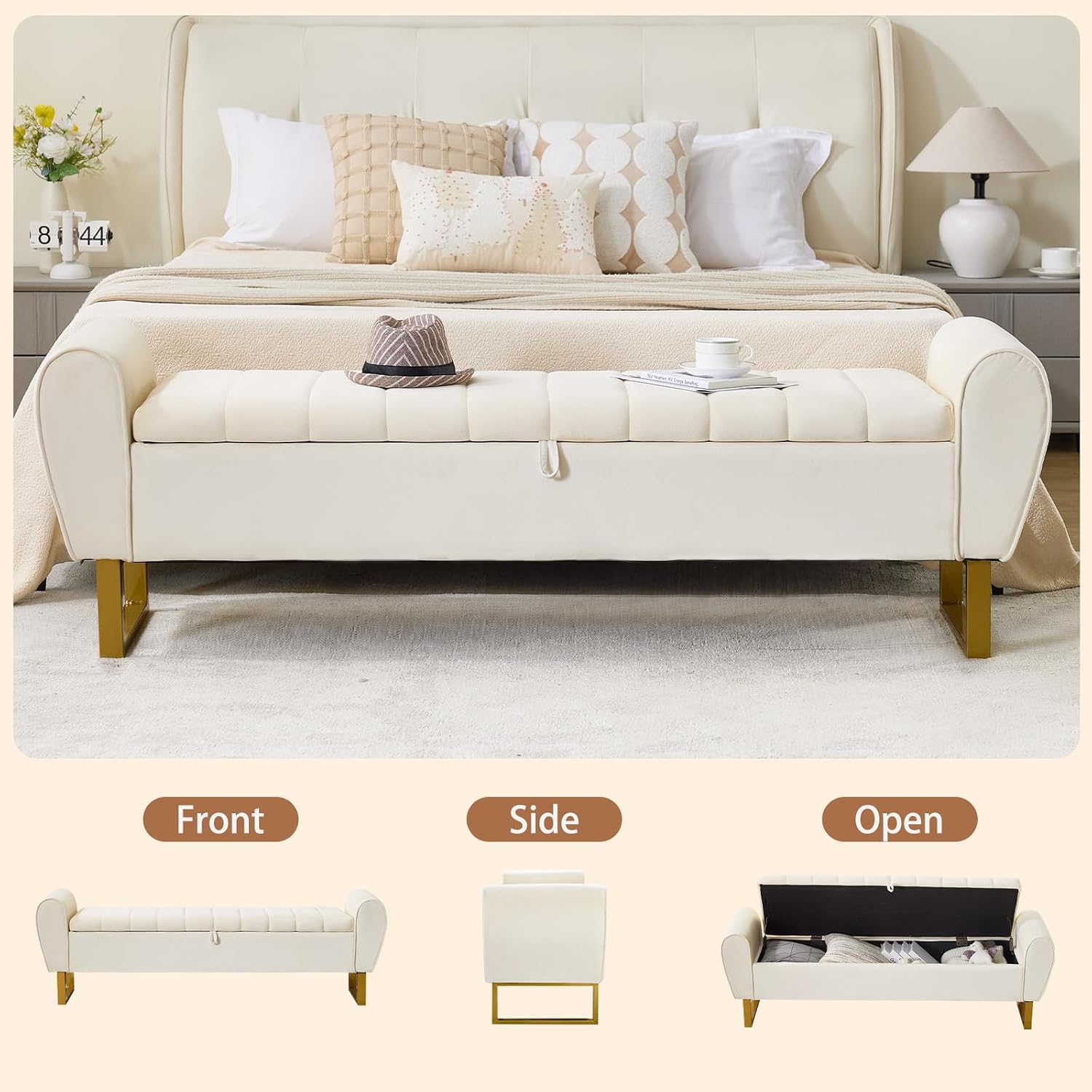 67'' King Size End of Bed Storage Bench for Bedroom, Bedroom Benches for Foot of Bed King with Gold Legs, Storage Ottoman Bench with Storage for Bedroom, Velvet Beige