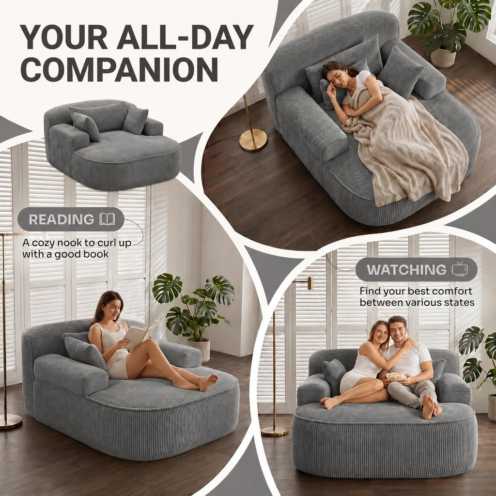 Oversized Chaise Lounge Chair Indoor, Couch Cloud Chair with 3 Comfy Pillows, Corduroy High-Density Foam Reading Chair, Wide Arms Bed Sleeper Sofa for Living Room Bedroom Relaxing