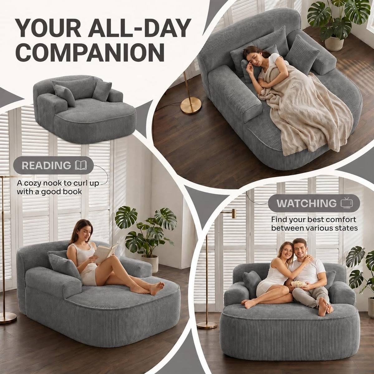 Oversized Chaise Lounge Chair Indoor, Couch Cloud Chair with 3 Comfy Pillows, Corduroy High-Density Foam Reading Chair, Wide Arms Bed Sleeper Sofa for Living Room Bedroom Relaxing