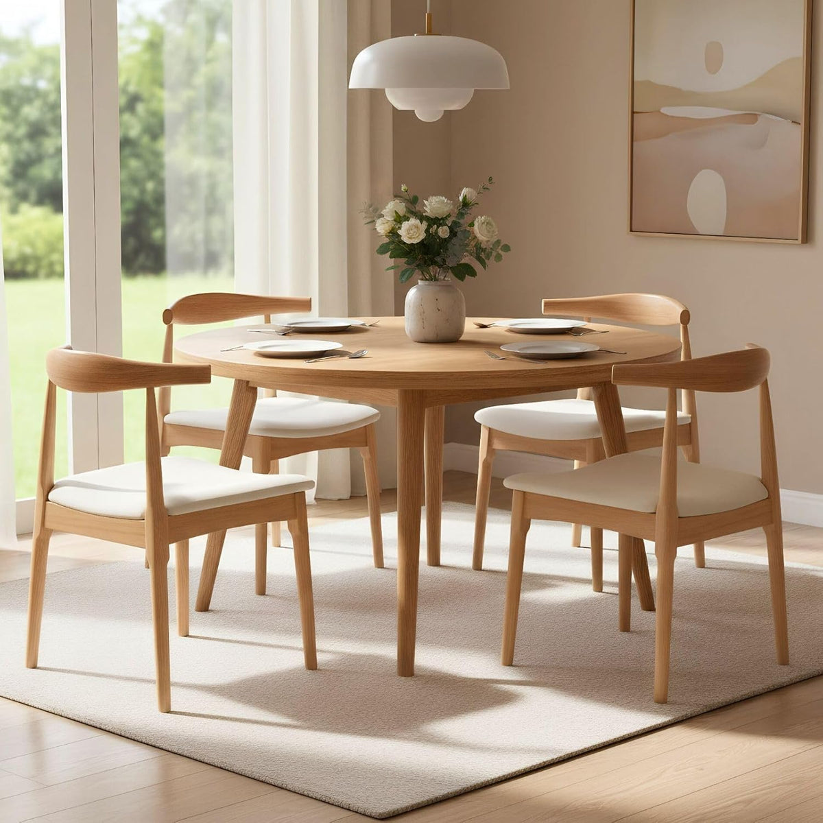 ROCITY Wood Dining Chairs Set of 4 Fabric Kitchen Chairs with Linen Cushion and Barrel Backs Mid Century Modern Dining Room Chairs Natural Wood