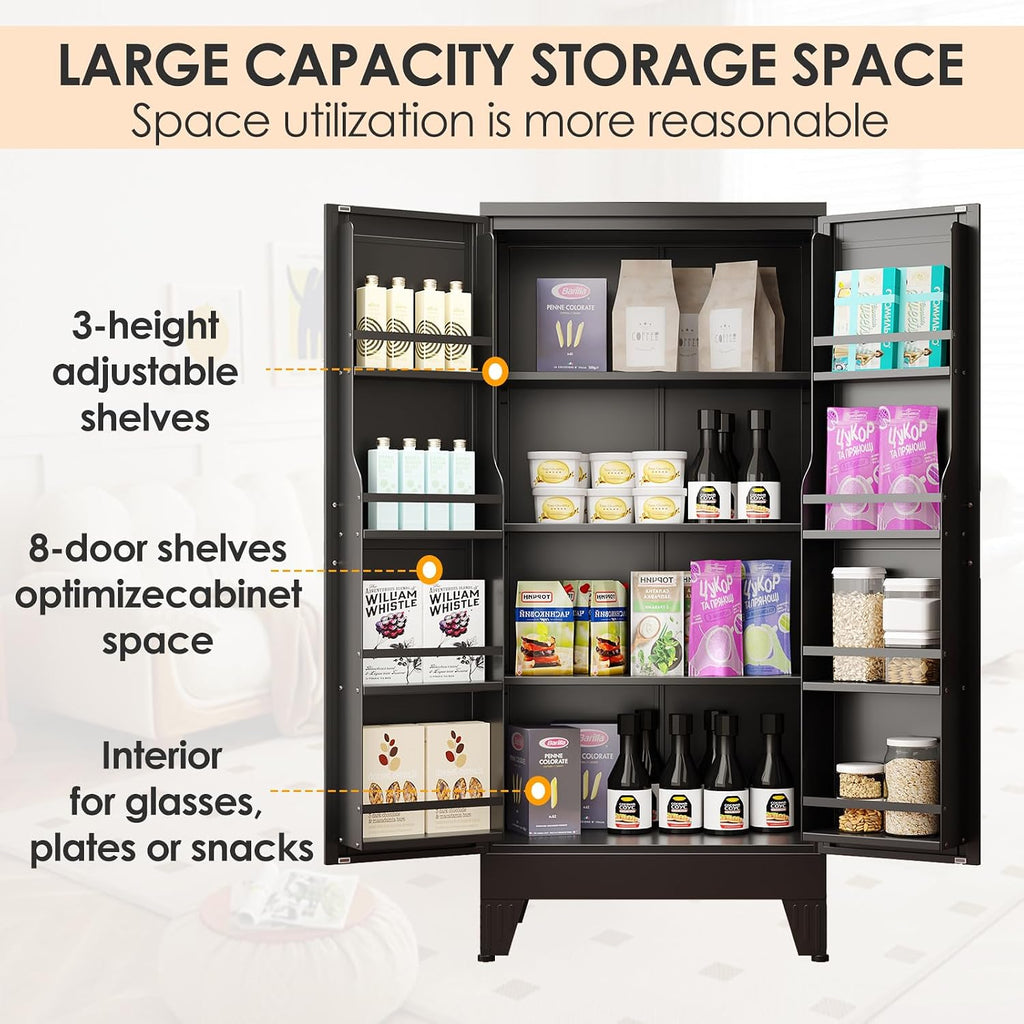 pozdeg 47.24" Kitchen Pantry Cabinet, Metal Food Pantry Storage Cupboard with 2 Doors and 3 Adjustable Shelves, Freestanding Buffet Sideboard for Kitchen, Dining Room, Living Room and Bathroom