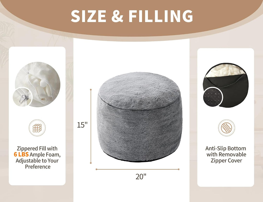WSOFRLAC Round Pouf Ottoman, Small Poofy Ottoman, Foot Stools Ottomans, Foot Rest for Couch, Furry Poufs for LivingRoom, Hassocks and Ottomans Soft for Chair, Memory Foam Filling-Dark Grey 20x15