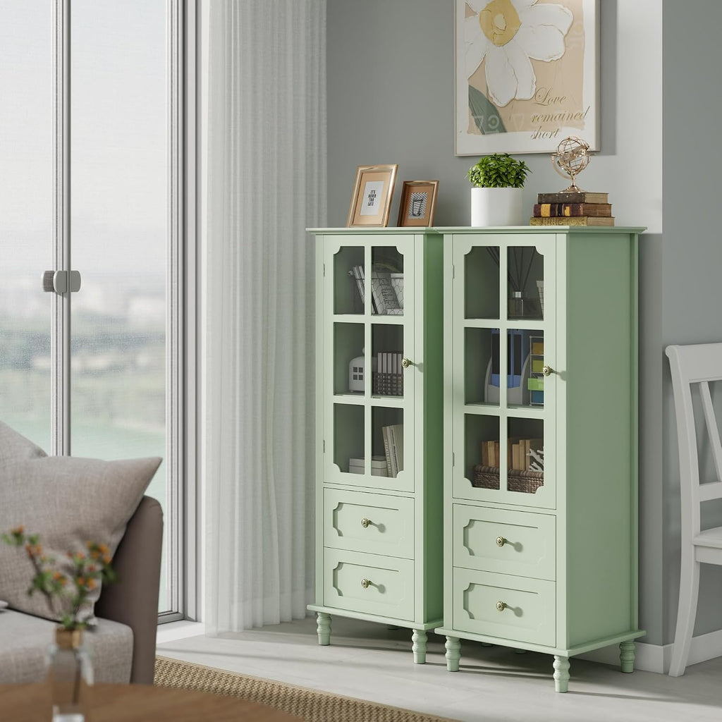 CNXINHUISUAN Minimalist Sideboard - Modern Buffet Cabinet with Glass Doors & 2 Drawers, Wood Storage Console for Dining Room & Entryway (Mint Green)