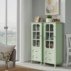 CNXINHUISUAN Minimalist Sideboard - Modern Buffet Cabinet with Glass Doors & 2 Drawers, Wood Storage Console for Dining Room & Entryway (Mint Green)