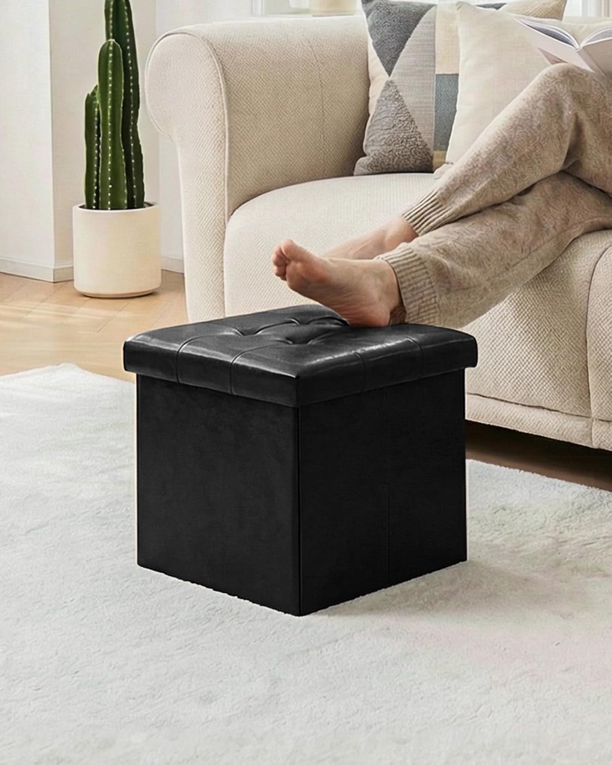 B FSOBEIIALEO Storage Ottoman Small Cube, Foot Rest Seat Faux Leather Dorm Room Ottoman Black 12.6"X12.6"X12.6" (2 Pack)