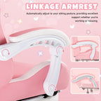 Pink Gaming Chair with Cat Ears & Footrest, Ergonomic Gaming Computer Desk Chair with Cat Paw Lumbar Support & Linked Armrests - Cute PU Leather Game Chair for Girls Adults