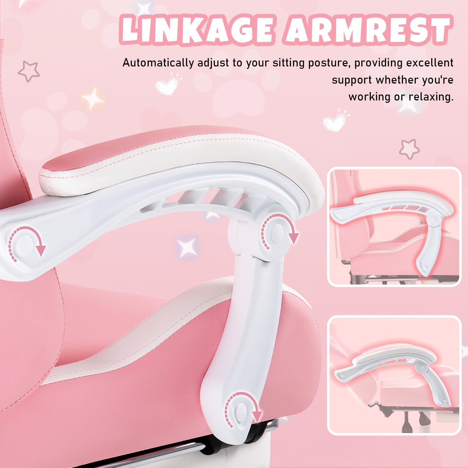 Pink Gaming Chair with Cat Ears & Footrest, Ergonomic Gaming Computer Desk Chair with Cat Paw Lumbar Support & Linked Armrests - Cute PU Leather Game Chair for Girls Adults