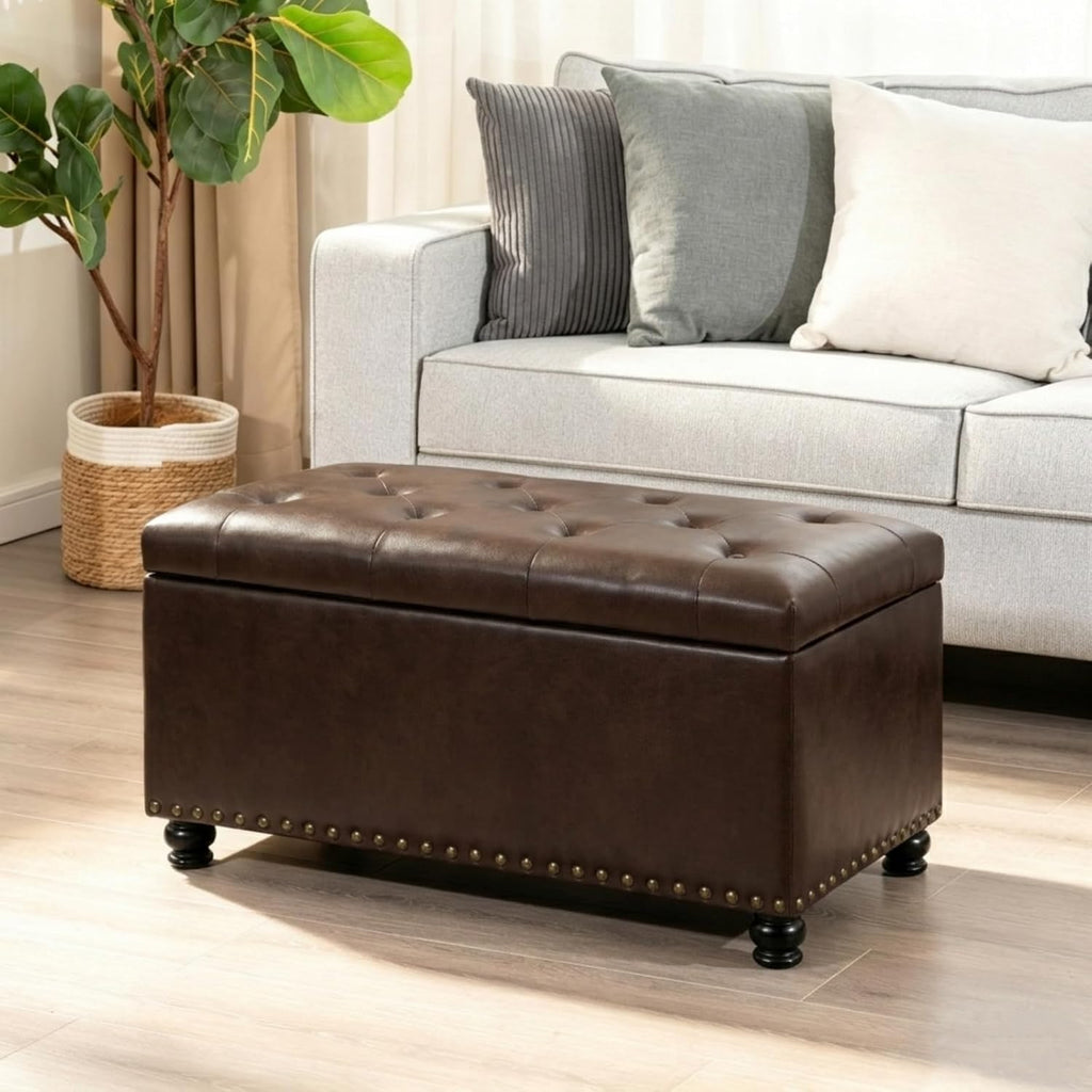 Asense Storage Ottoman Bench, Faux Leather Ottoman with Storage for Living Room Bedroom, Multi-Functional Storage Chest Foot Rest, Upholstered Bench for End of Bed, Entryway, 35.4" W