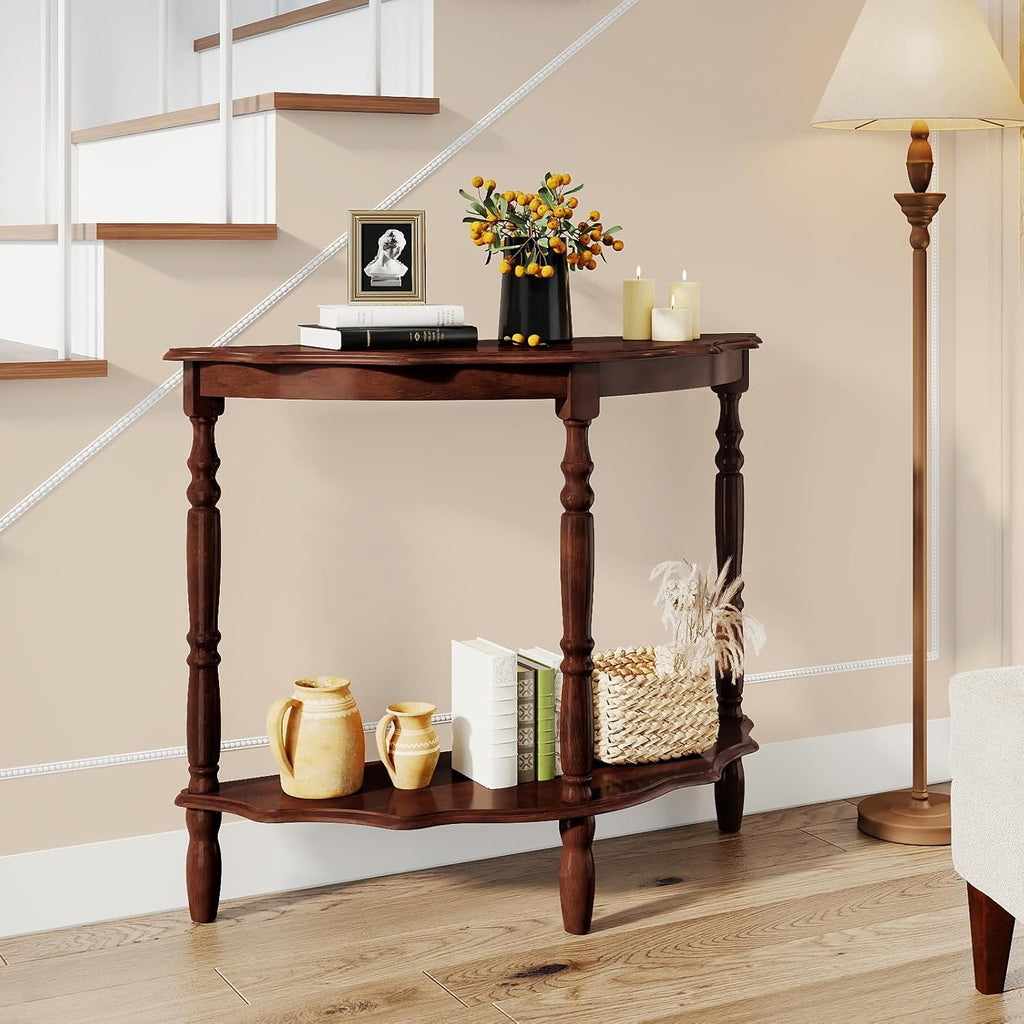 GOFLAME Half Moon Entryway Table, Retro Console Table with Storage Shelf & Solid Rubber Wood Legs, Vintage Display Accent Table, 2-Tier Curved Sofa Table for Living Room, Hallway, Entry, Walnut