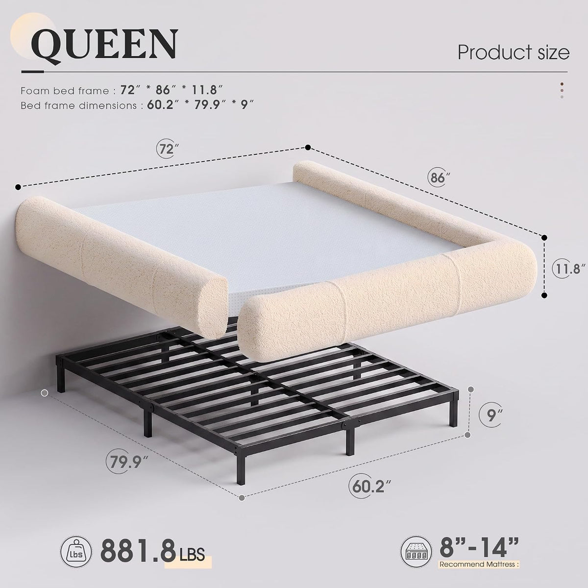 Homkdom Queen Boucle Platform Bed Frame with Anti-Collision Corners, Beige