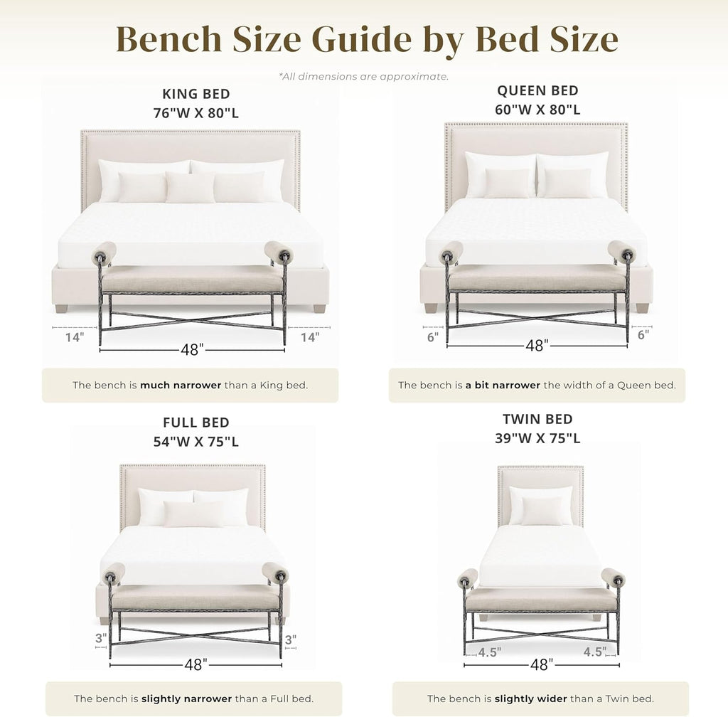 24/7 Shop at Home Lalia Upholstered 48-inch Metal Bench with Padded Roll Arms, Beige Fabric Seat, Hammered Forged Steel Frame, Modern Bedroom or Entryway, Matte Gold