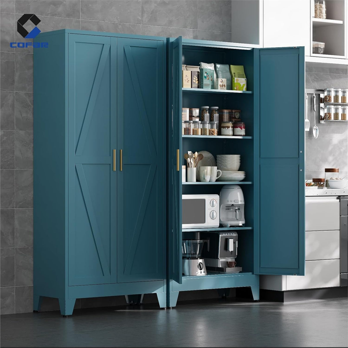COFaR Metal Pantry Cabinet with Doors, Farmhouse 71'' Tall Storage Cabinet with 4 Adjustable Shelves, Kitchen Pantry Cabinet for Dinning Room, Laundry, Peacock Blue 5-Tier