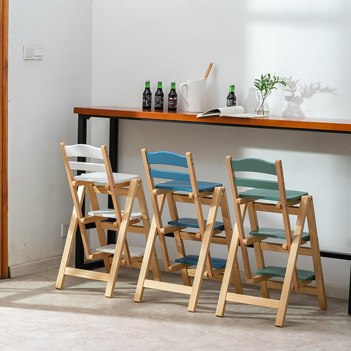 Solid Wood Folding Bar Stool Height Foldable Stool Tall Stool 3 Step Multifunction Indoor Ladder Stool Portable Foldable Stool Step Stool for Household Kitchen Bathroom Storage Shelf(Blue)