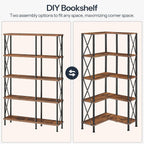 HOOBRO Corner Bookshelf, 5-Tier L-Shaped Bookcase, Industrial Open Display Shelf Tall Storage Organizer, Vertical Storage Rack, for Living Room, Home Office, Rustic Brown and Black BF60SJ01