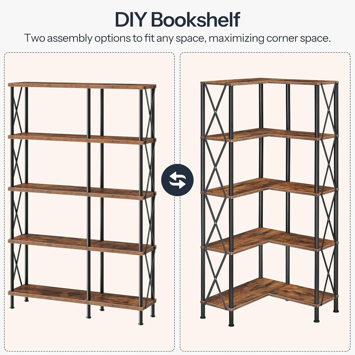 HOOBRO Corner Bookshelf, 5-Tier L-Shaped Bookcase, Industrial Open Display Shelf Tall Storage Organizer, Vertical Storage Rack, for Living Room, Home Office, Rustic Brown and Black BF60SJ01