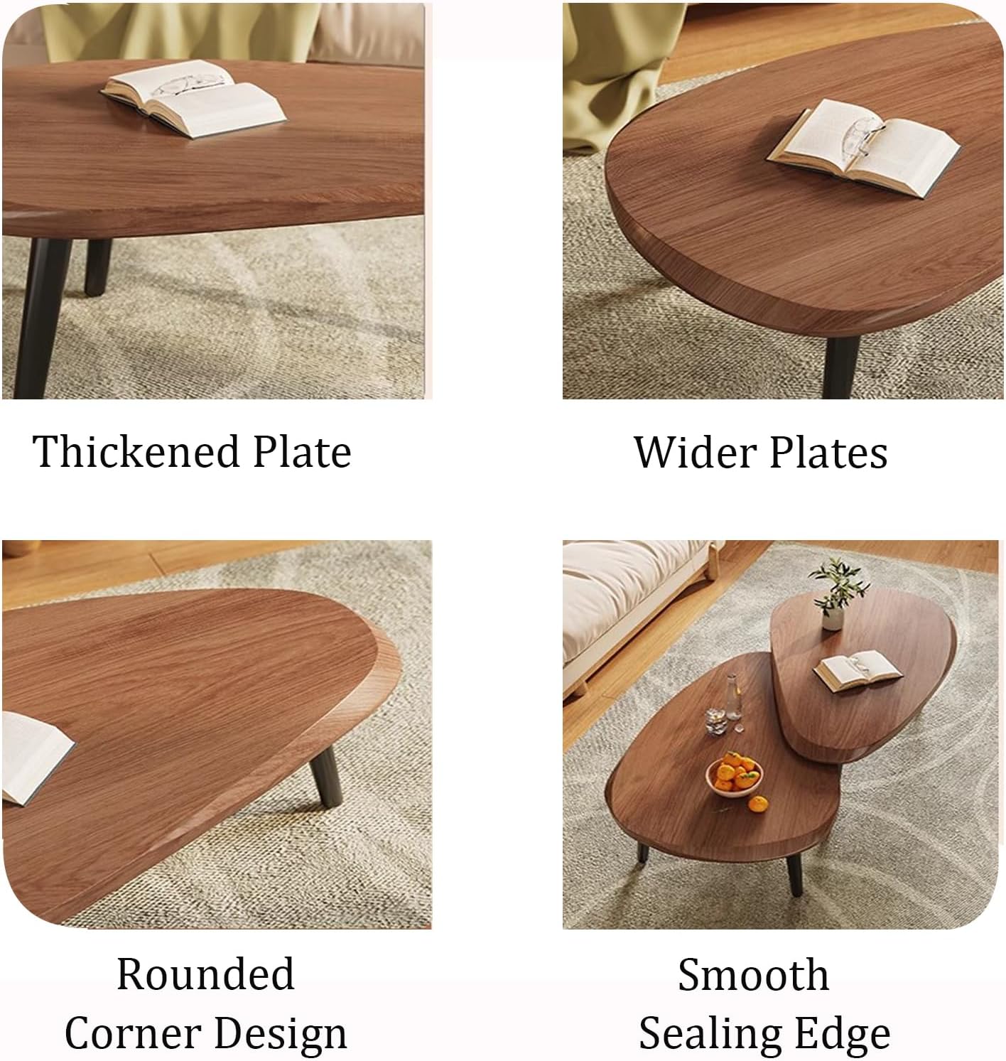 Nesting Coffee Tables Set of 2, Mid Century Modern Center Table,Wood Table top and Metal Support, Irregular Accent Table for Living Room