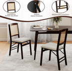 KOTEK Folding Dining Chairs Set of 4, Wooden Kitchen Chairs with Padded Seat & Rattan Backrest, Foldable Armless Side Chairs for Dining Room, Living Room (Espresso & Beige)