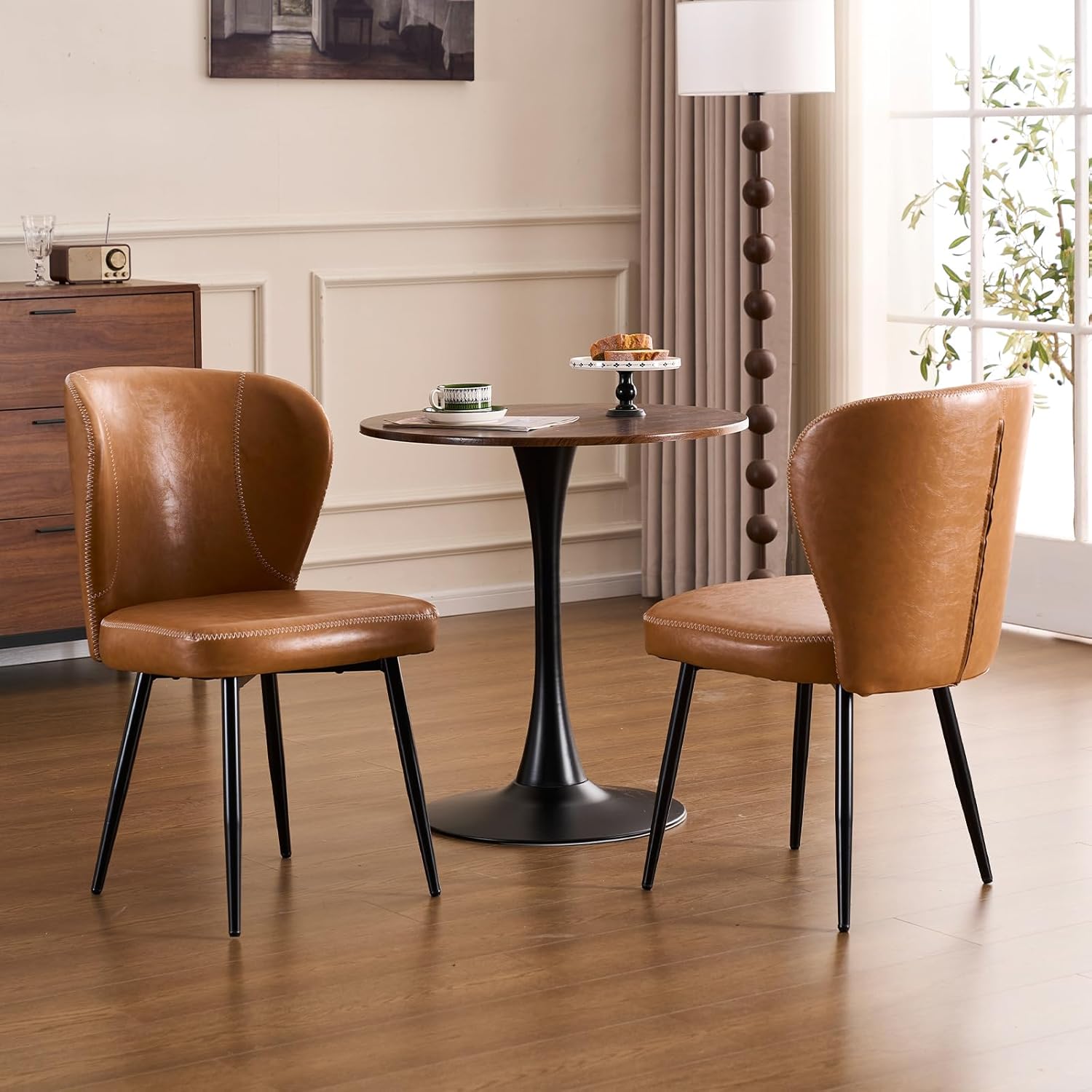 Dining Chairs Set of 2, Upholstered Synthetic Leather Kitchen Chairs, Mid-Century Modern Dining Room Chairs with Thick Cushion, Stitching Backrest and Metal Legs, Brown