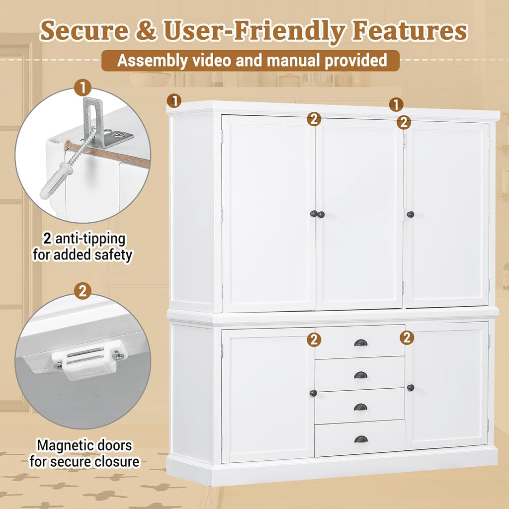 73" Freestanding Kitchen Pantry Organizer - Wooden Storage Unit with 4 Shelved Compartments, 4 Storage Bins & 8 Adjustable Shelves for Dining Room Kitchen Organization (White19)