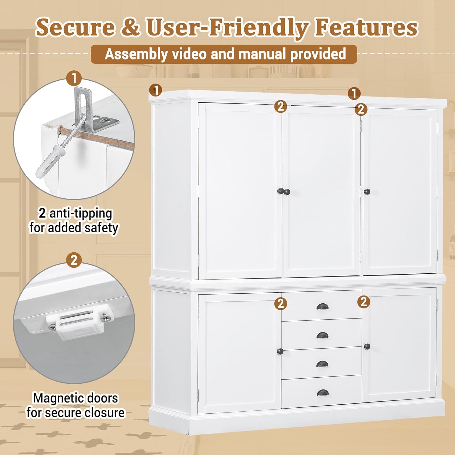 73" Freestanding Kitchen Pantry Organizer - Wooden Storage Unit with 4 Shelved Compartments, 4 Storage Bins & 8 Adjustable Shelves for Dining Room Kitchen Organization (White19)