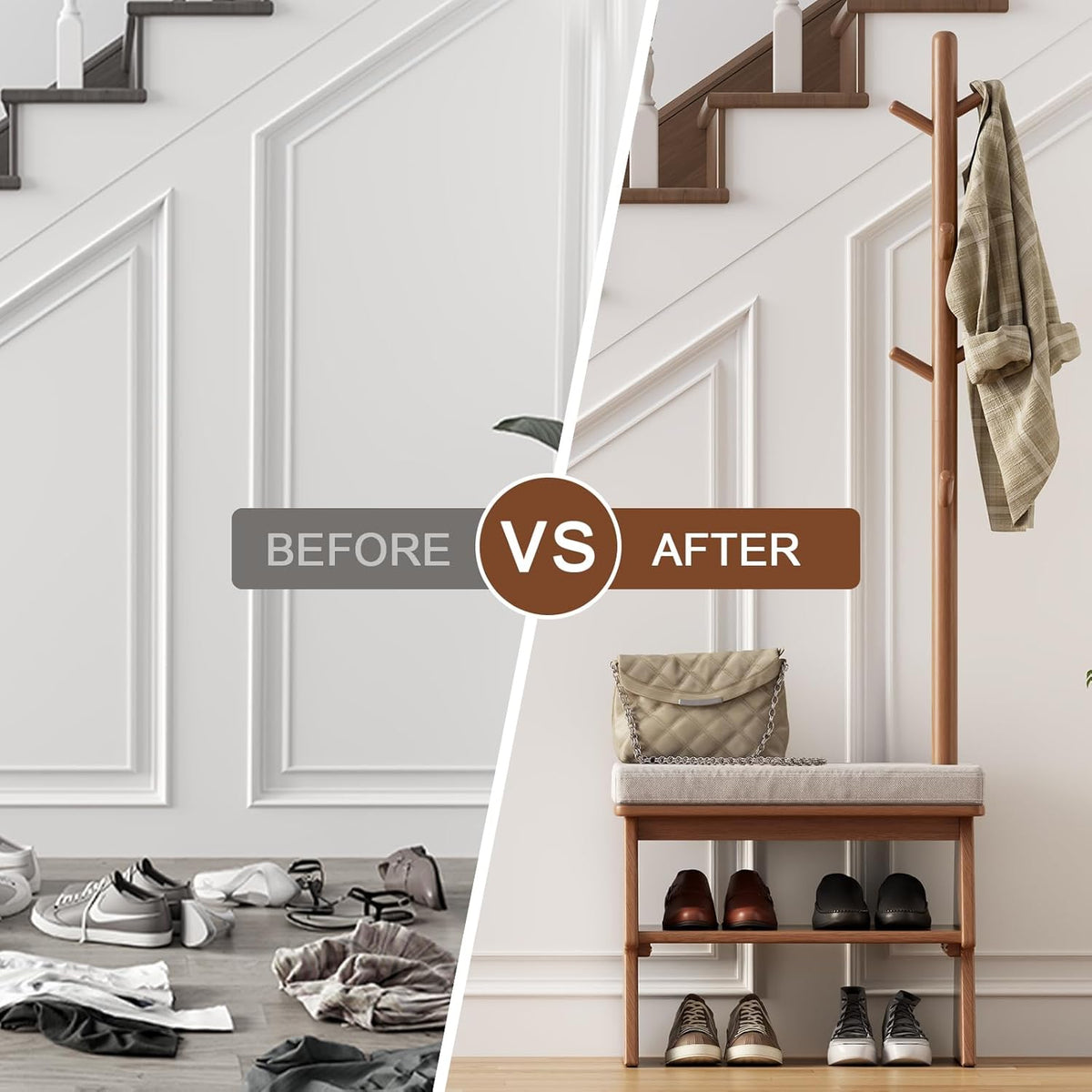 Coat Rack with Shoe Storage,Shoe Rack whit 8 Hook for Offices、Bedroom、Living Room,Small Shoe Bench,Walnut