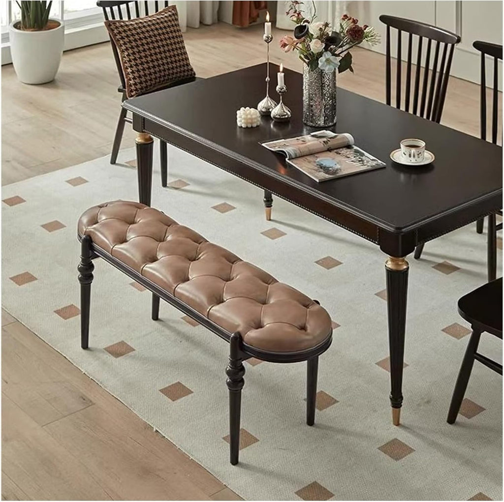 Modern Upholstered Bedroom Benches with Black Legs Genuine Leather Bench for Entryway Dining Room Living End of Bed, Yellowish Brown Entryway