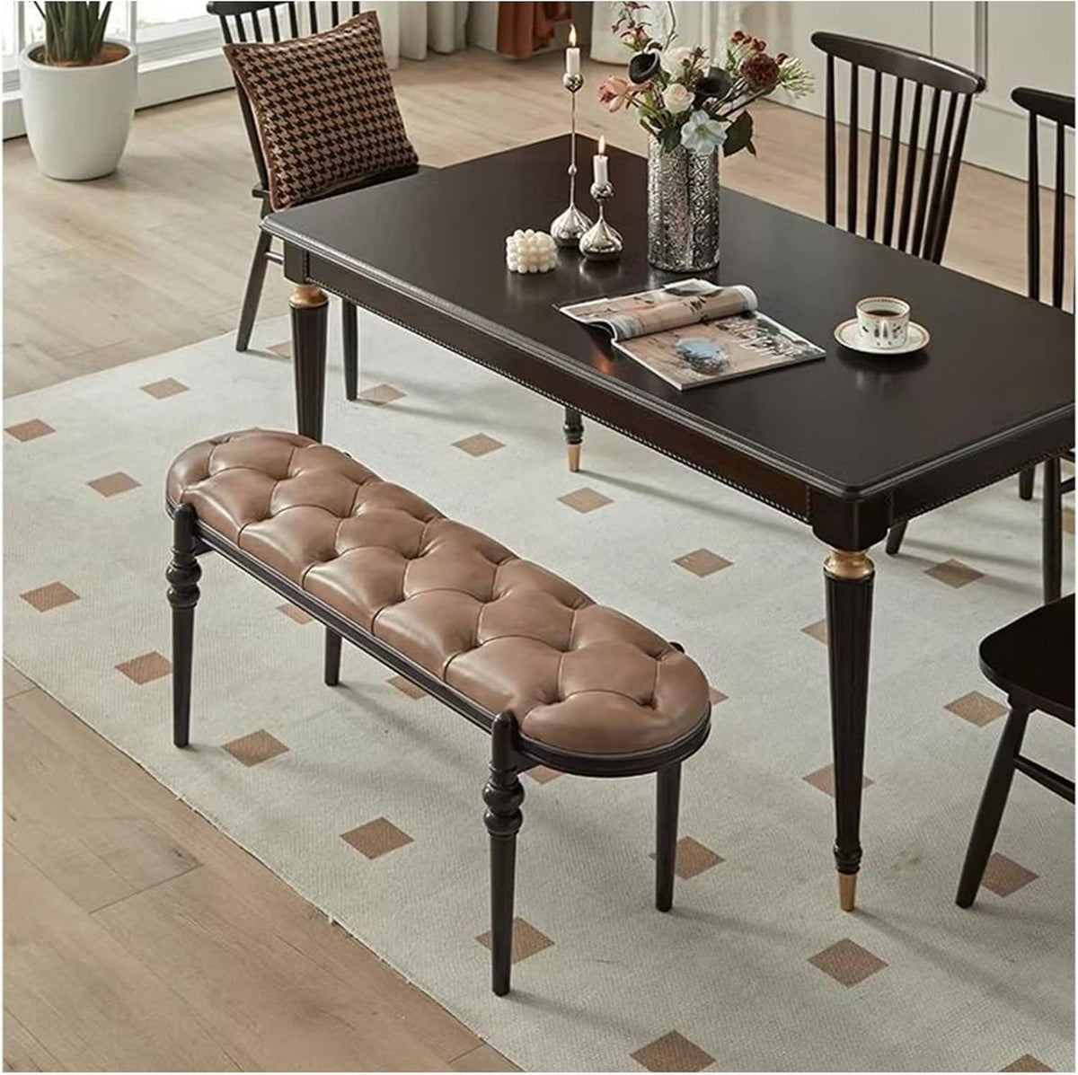 Modern Upholstered Bedroom Benches with Black Legs Genuine Leather Bench for Entryway Dining Room Living End of Bed, Yellowish Brown Entryway