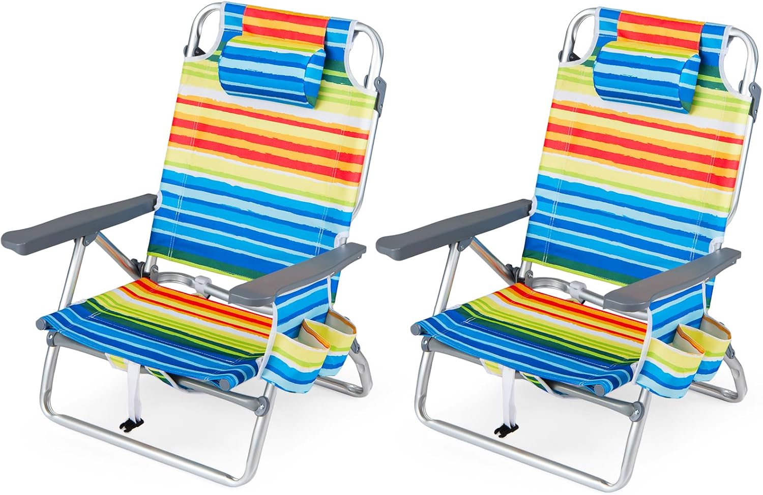 Goplus Beach Chair, Folding Backpack Beach Chairs for Adults w/Adjustable Positions, Head Pillow, Cooler Bag, Towel Bar, Cup Holders, Sunbath Sling Tanning Lounge, Folding Layout Camping Chairs