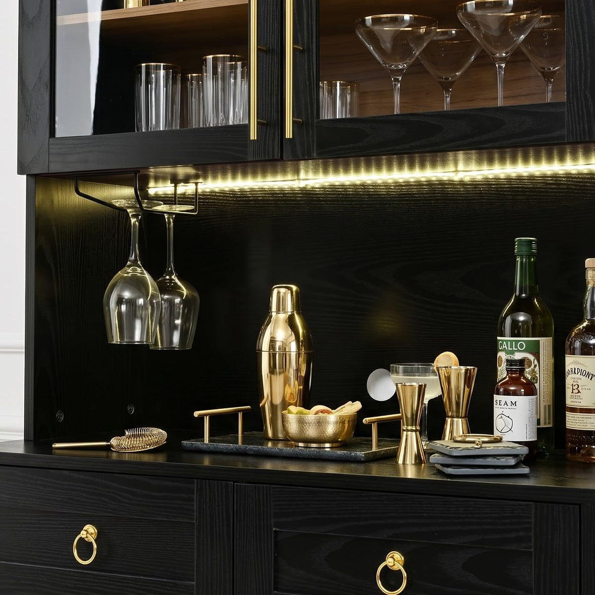 74.8" Tall Arched Kitchen Pantry with Power Outlet & LED Light, Kitchen Storage Hutch with Adjustable Shelves, Tall Cupboard for Dining Room, Bathroom (Black-TA)