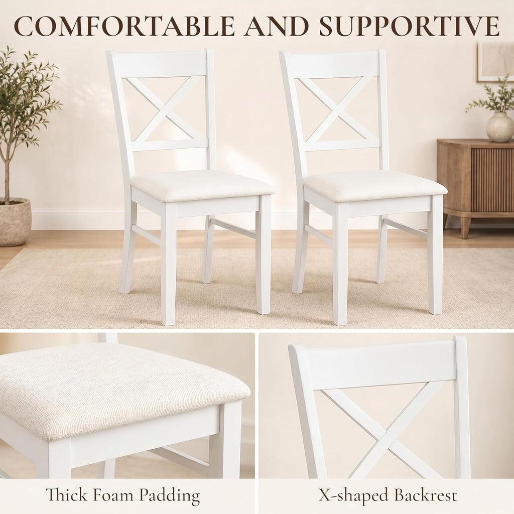 HOMCOM Dining Chairs Set of 2, Upholstered Kitchen Chairs with Rubberwood Frame, Padded Seat and Cross Back for Living Room, Dining Room, Kitchen, White