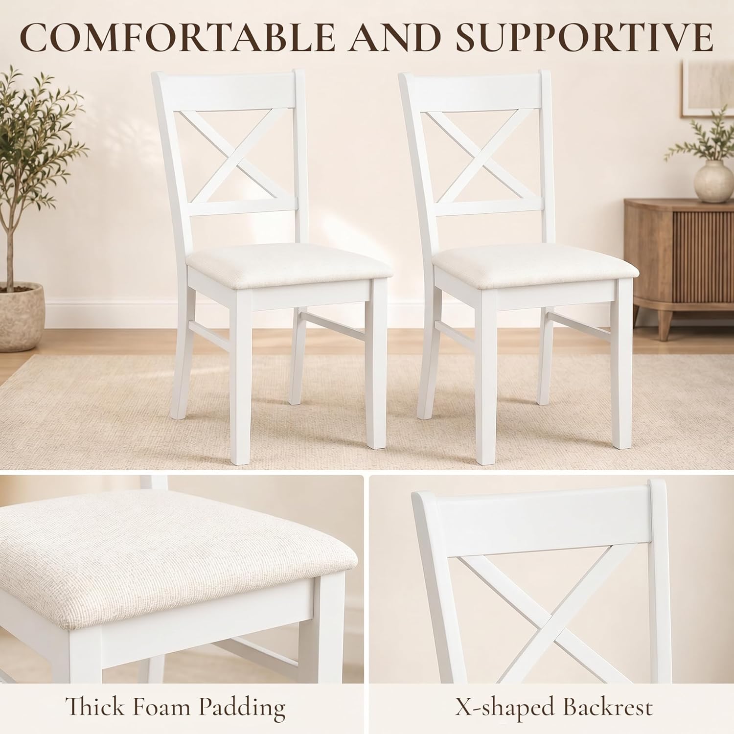 HOMCOM Dining Chairs Set of 2, Upholstered Kitchen Chairs with Rubberwood Frame, Padded Seat and Cross Back for Living Room, Dining Room, Kitchen, White