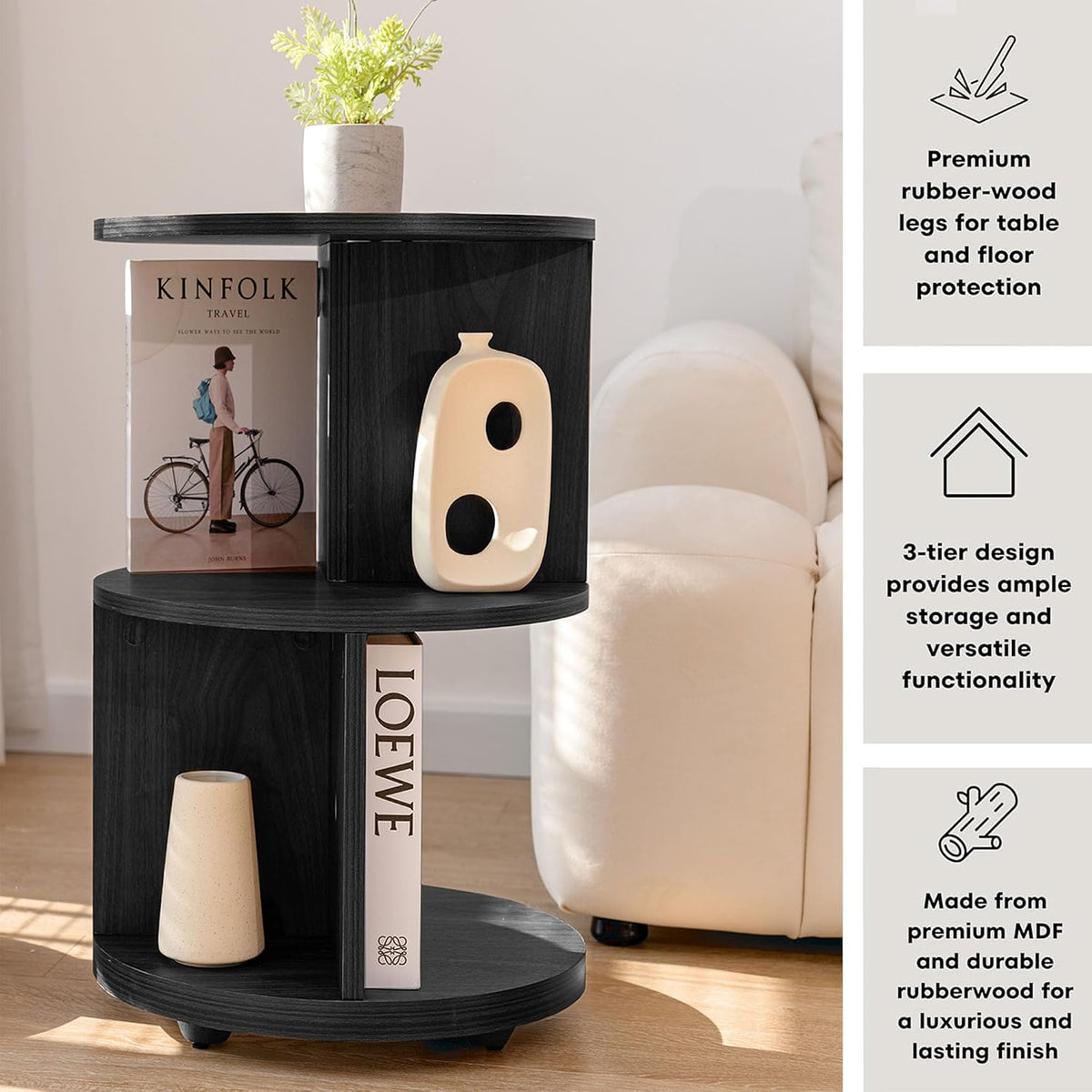 KAYMILY Round End Tables, Mid Century Modern 3 Tier Side Table for Living Room, Bedroom, Office, 25" Tall Accent Nightstand with Open Storage Shelves, Easy Assembly, MDF Wood - Rotating - Black