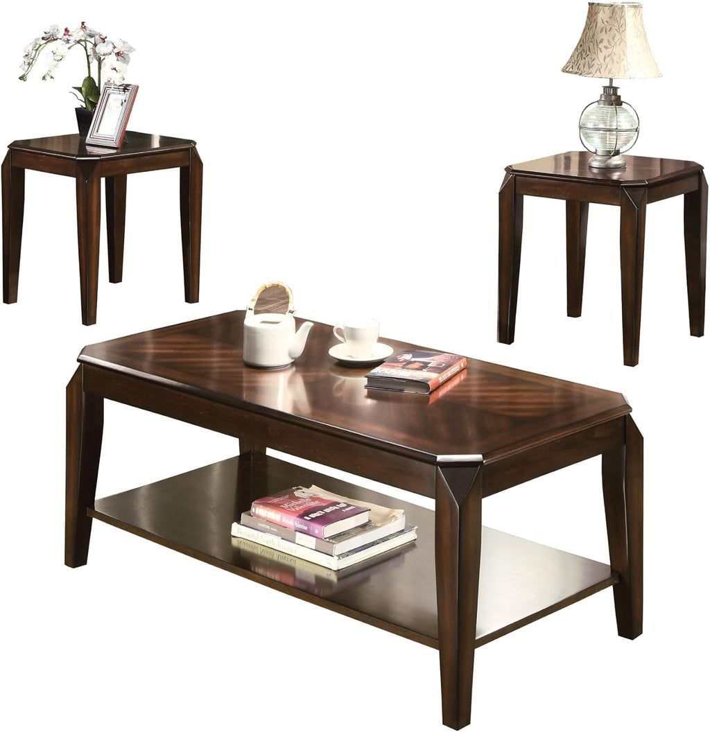 Polay 3-Piece Coffee and End Table Set with Parquet Design | Rich walnut finish, parquet pattern tops, sturdy wooden aprons (79mm thick), tapered legs, perfect for living rooms.
